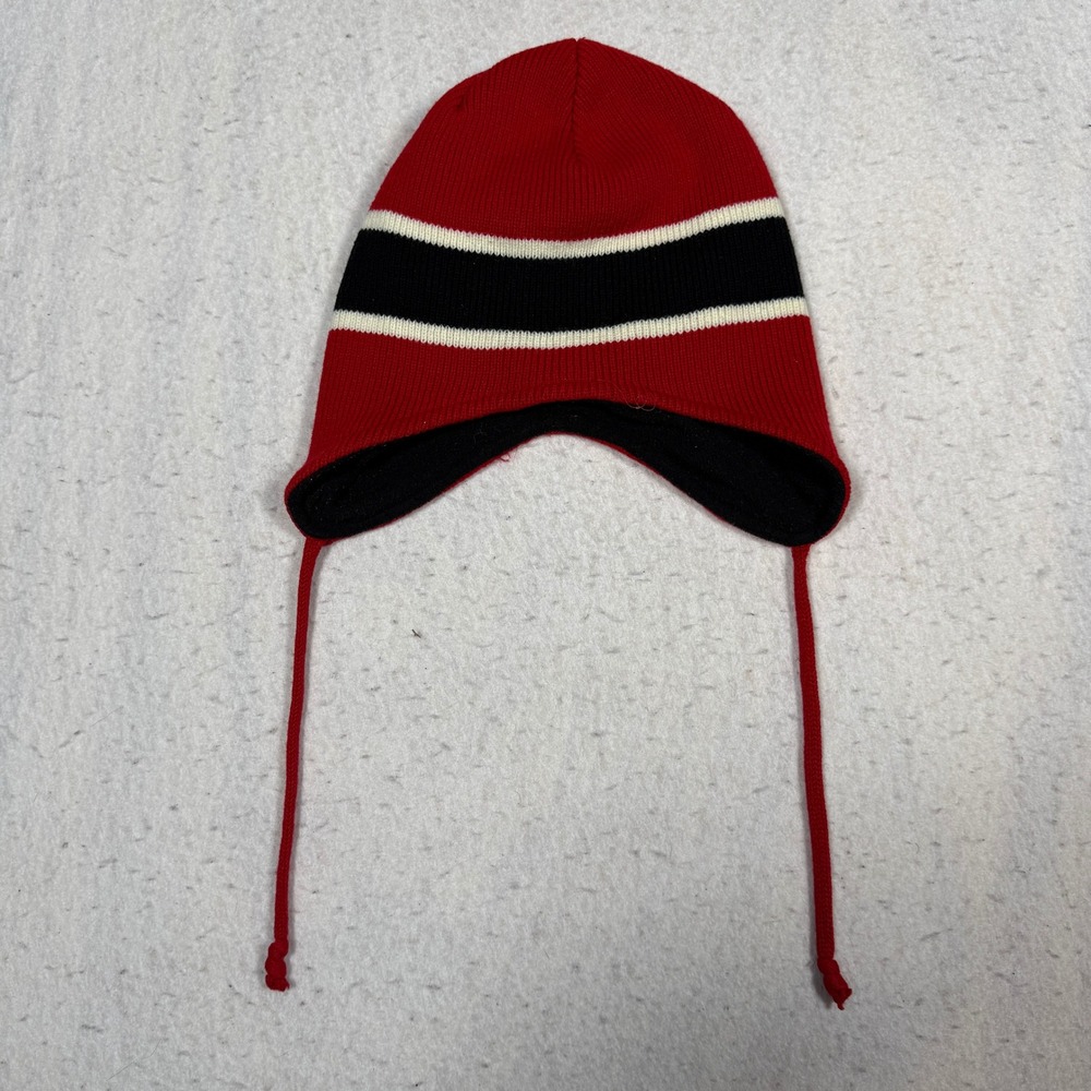 N-Cap Red Black White Striped Fleece Lined Earflap Beanie Knit Hat One Size